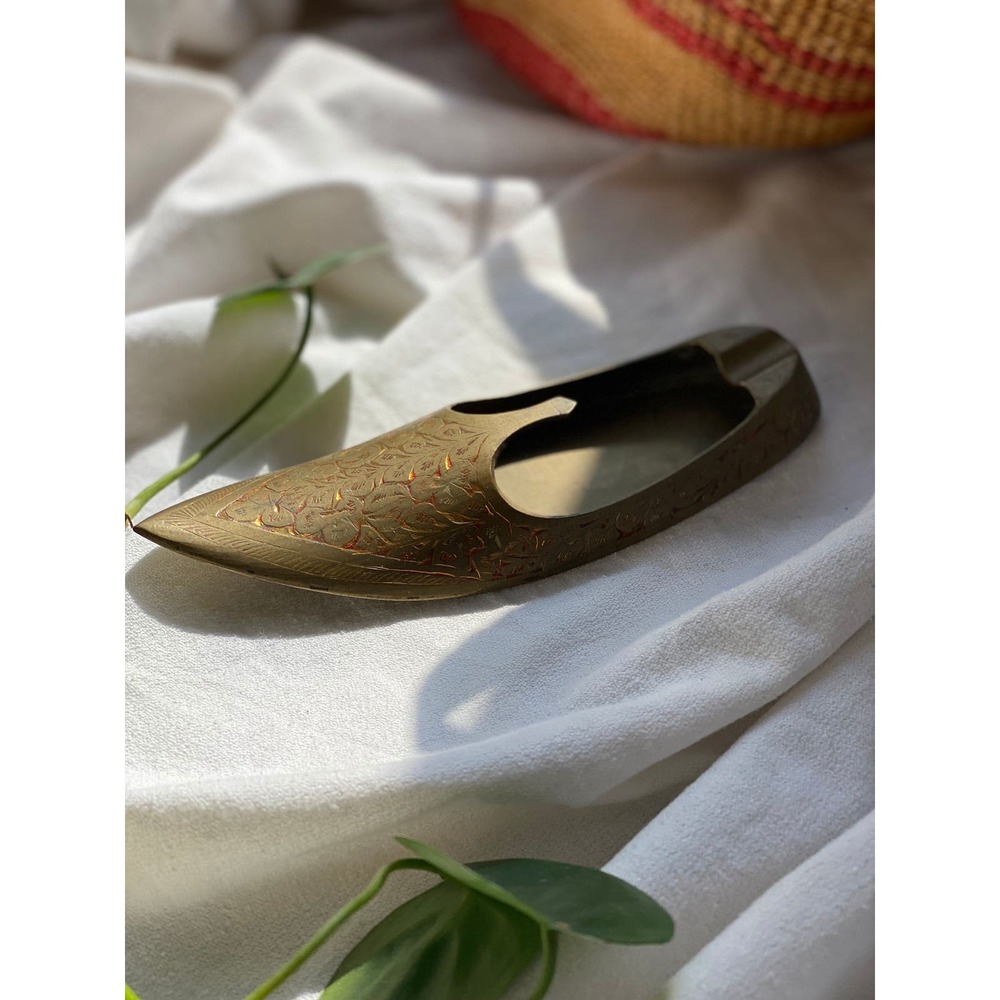 Vintage Etched Brass Shoe Ashtray, India, match holder, tobacciana accessories